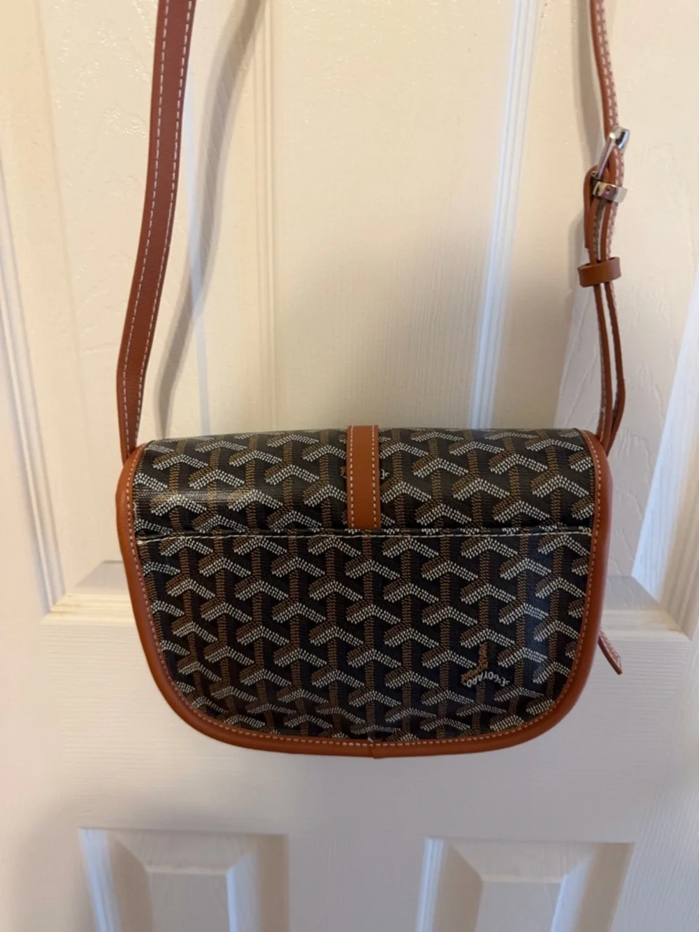 Brown Patterned Crossbody Bag with Leather Trim - Picture 3 of 4